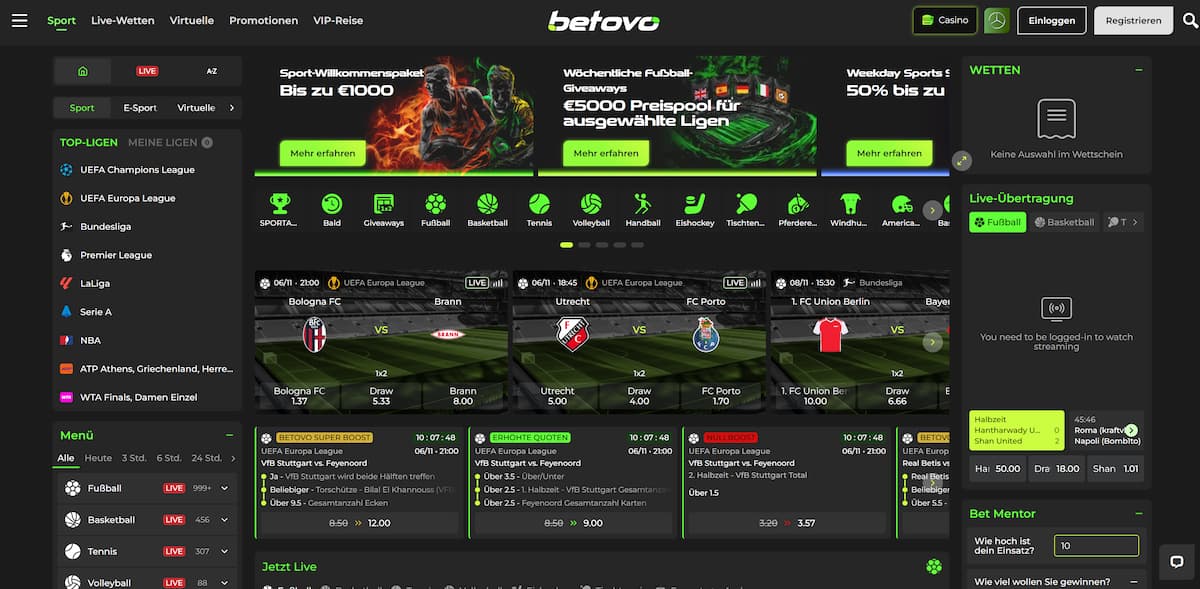 Betovo hat einen Bonus auf die ersten drei Einzahlungen (insgesamt bis 1.000 €) und bietet eine große Auswahl an Sportarten mit guten Quoten. Die Umsetzung liegt bei 6× mit einer Mindestquote von 1,59. Registrierung ist einfach, gelegentlich wird jedoch bei Auszahlungen KYC verlangt.