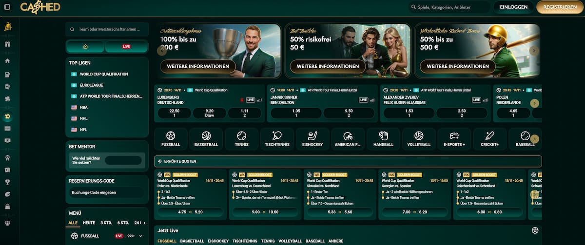 Cashed bietet 100 % bis 200 € für Neukunden, mit 5× Umsetzung und marktüblichen Mindestquoten. Viele Sportarten, hunderte Wettoptionen pro Event, VIP-Programm und Live-Chat machen den Anbieter attraktiv. Einschränkungen gibt es bei Auszahlungen.