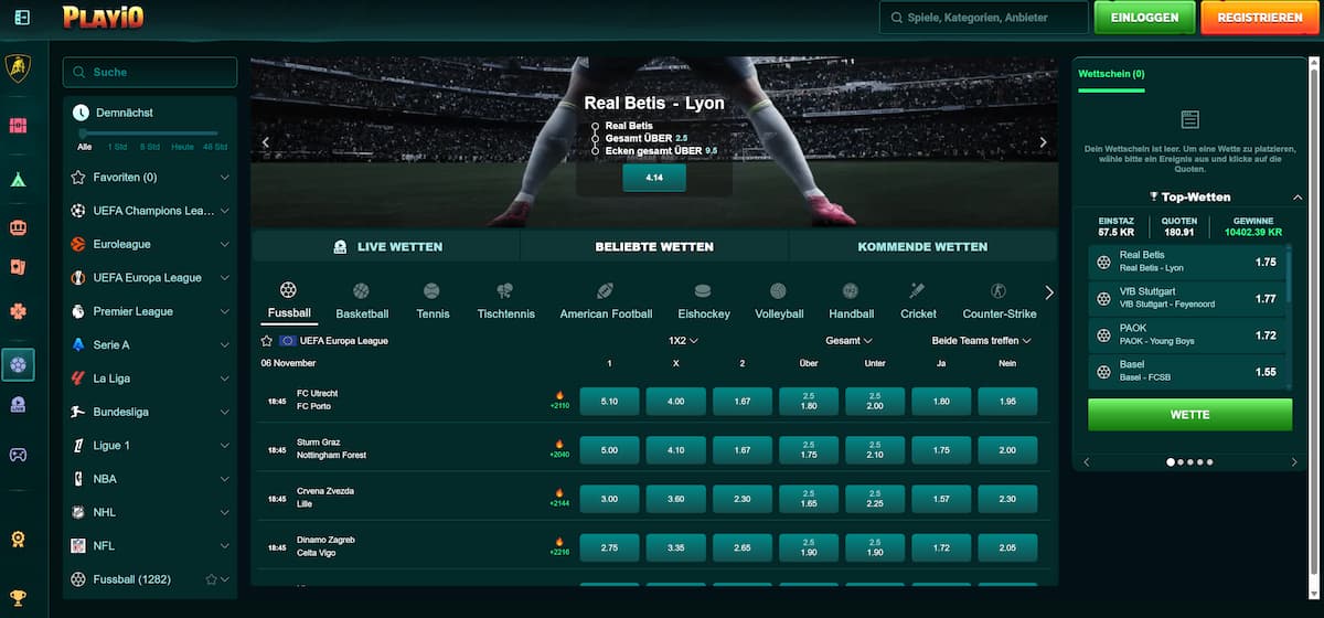 Playio überzeugt mit starken Quoten, breitem Sportangebot und einem 100 % Bonus bis 100 €. Mindestquoten: 2,00 (Einzel) und 1,50 (Kombi). Es gibt Live-Wetten, Turniere, einen Punkteshop und ein VIP-Programm. Auszahlungen sind pro Transaktion auf 5.000 € begrenzt.