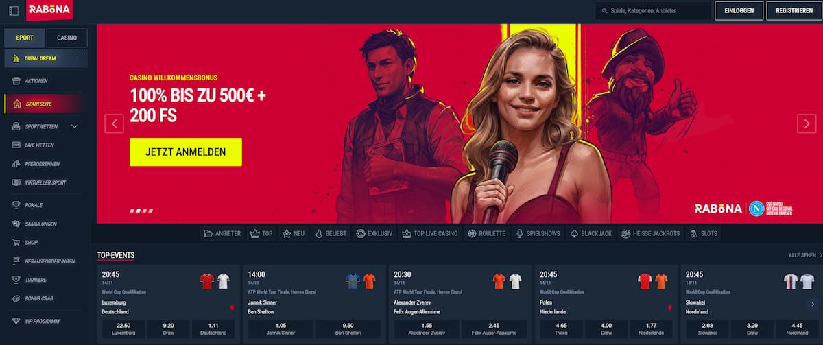 Rabona bietet dank EU-Lizenz mehr Freiheiten, zwei Willkommensboni (100 € oder 200 USDT) und sehr gute Quoten. Viele Sportarten, VIP-Programm und einzigartige Sammlungen, die Boni freischalten. Der Support ist per Live-Chat erreichbar. Der VIP-Aufstieg ist jedoch etwas anspruchsvoll.