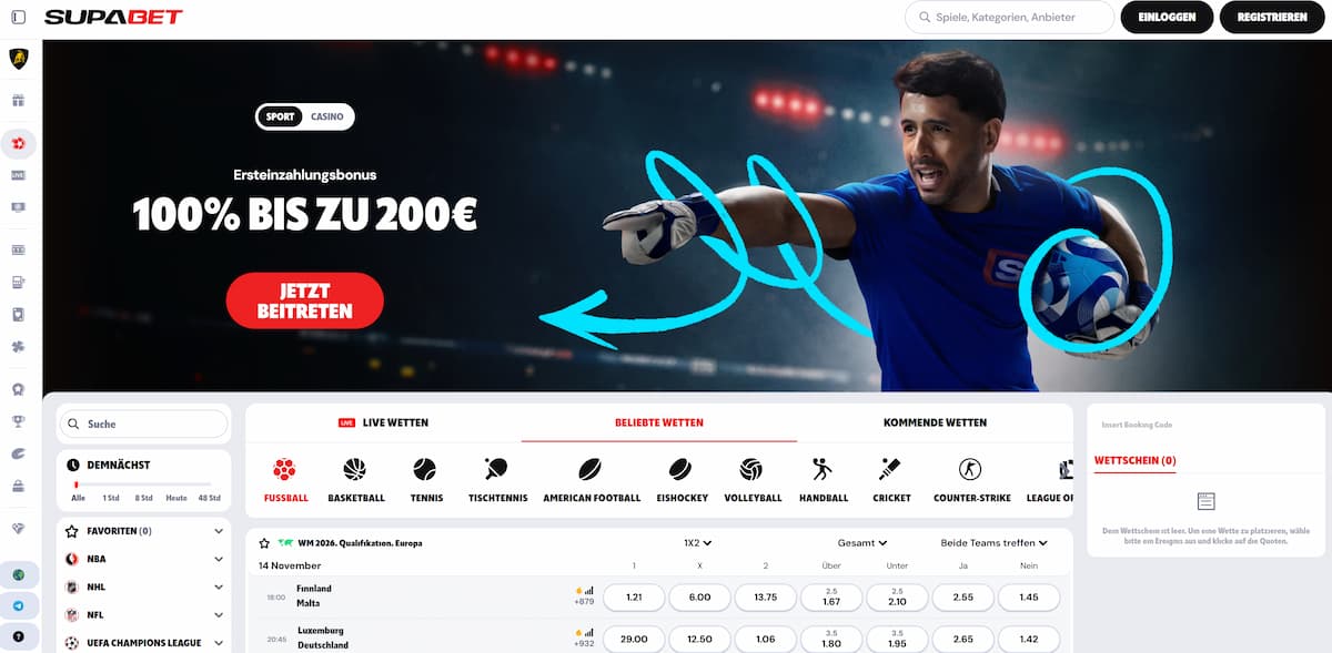 Supabet bietet eine schnelle Anmeldung ohne KYC und einen 100 % Bonus bis 200 €. Die Umsatzbedingungen sind fair (Bonus + Einzahlung 5×) und es gibt viele Sportarten, Live-Wetten, ein VIP-Programm und einen Punkteshop. Support erfolgt über Live-Chat. Einziger Nachteil: wenige klassische Zahlungsmethoden.